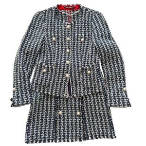 Marc Aurel Tweed Blazer Skirt Suit Set Navy Red White 36/34 Classic Luxury